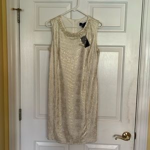 Cream and gold metallic cocktail sheath dress with pearl accents